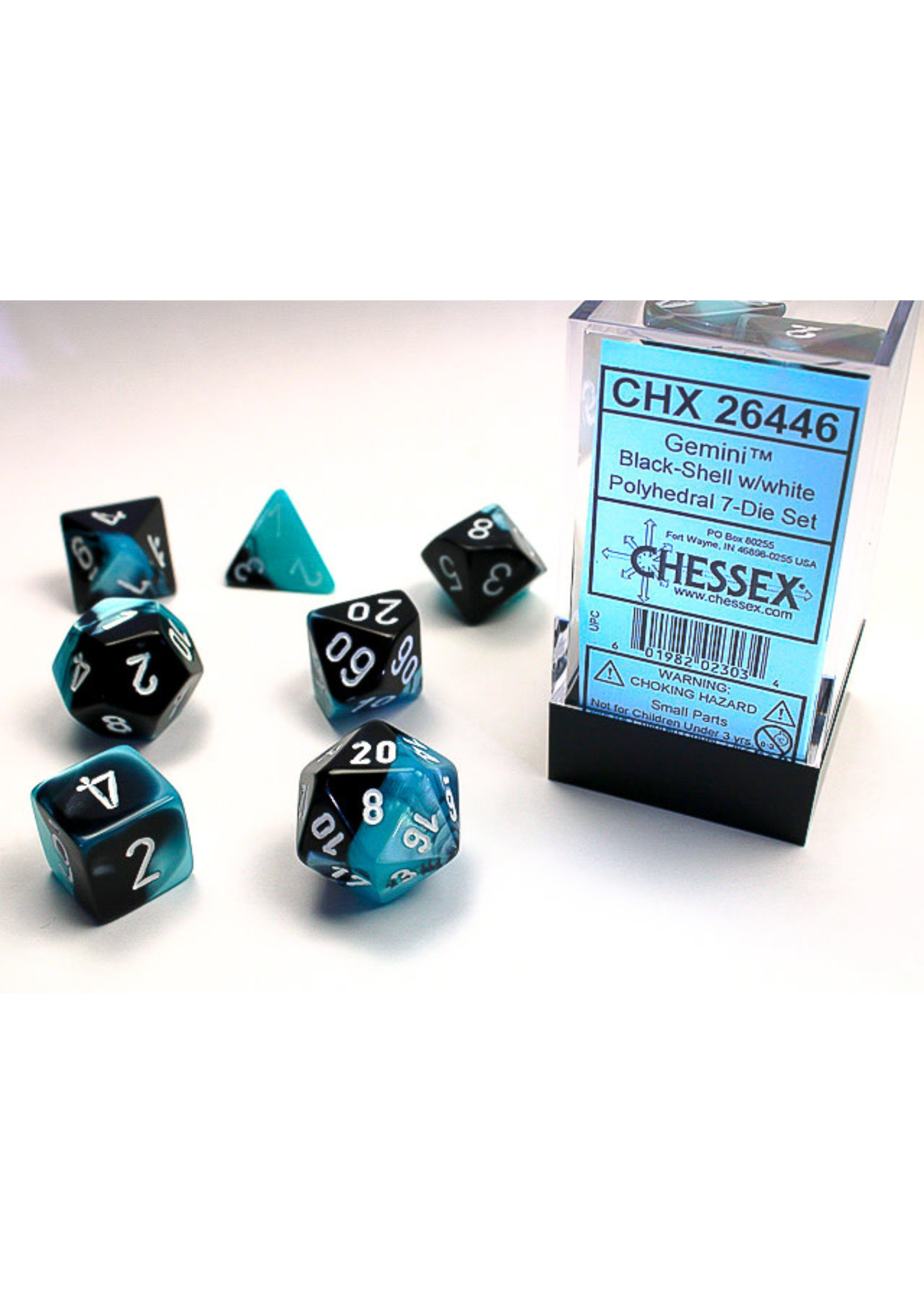 Chessex Gemini Black-Shell/white- Set of 7 Polyhedral Dice by Chessex