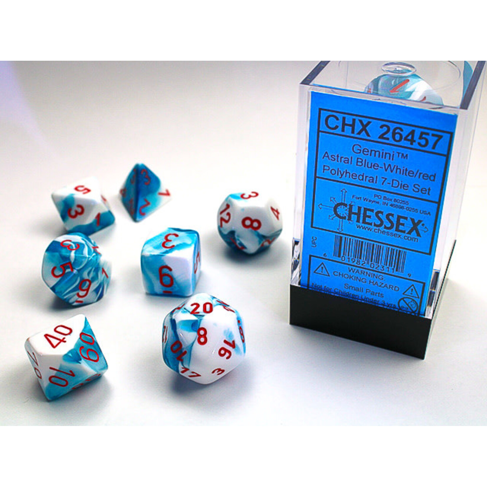 Gemini Astral Blue-White/red- Set of 7 Polyhedral Dice by Chessex