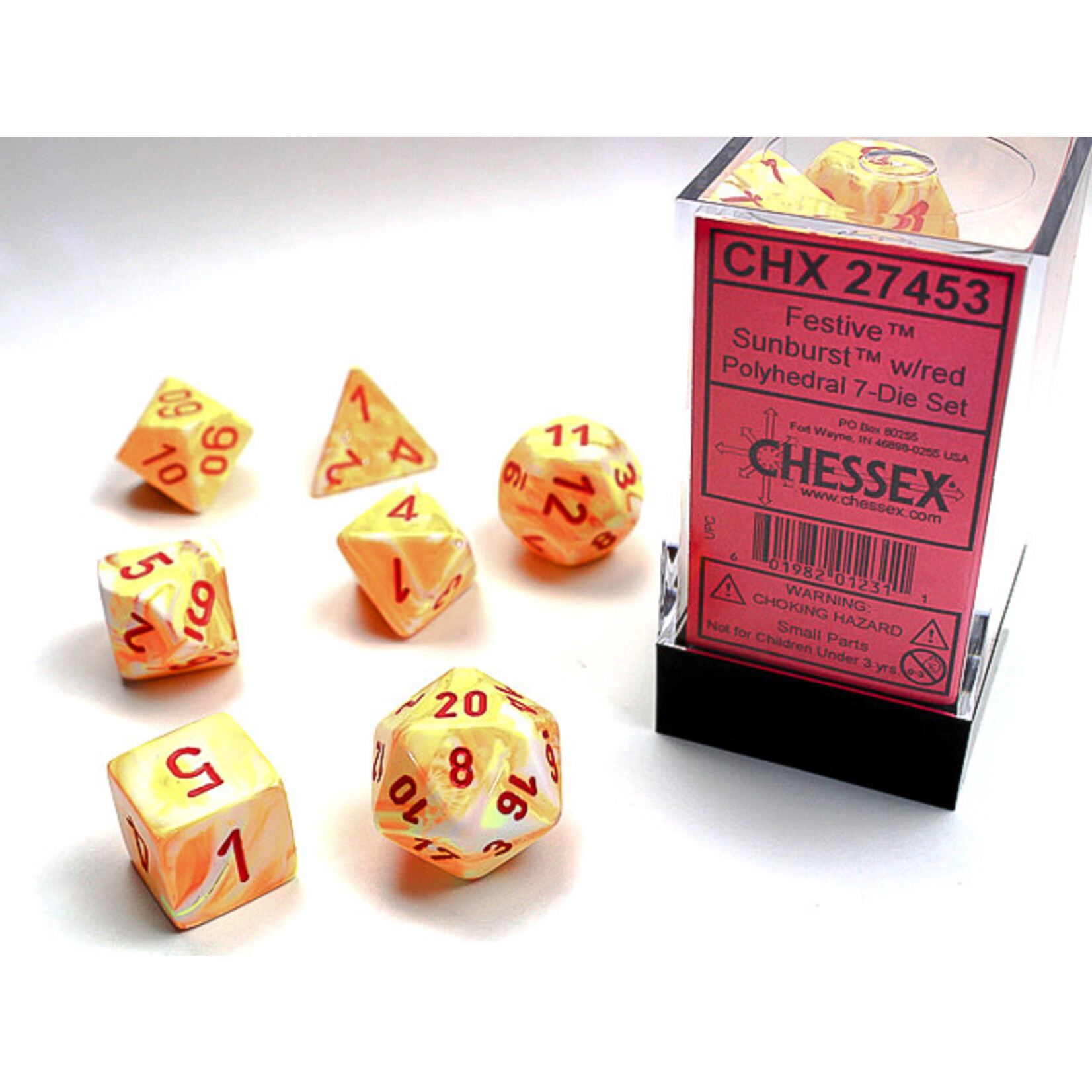 Festive Sunburst w/red: Set of 7 Polyhedral Dice by Chessex