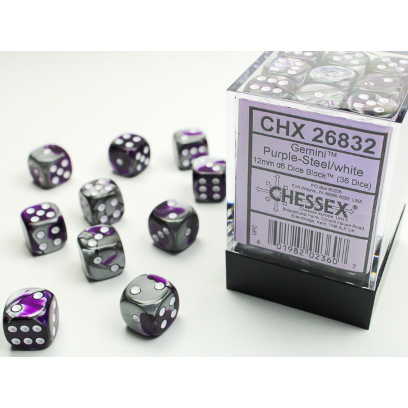 Gemini Purple-Steel/white 36d6 12mm - Chessex