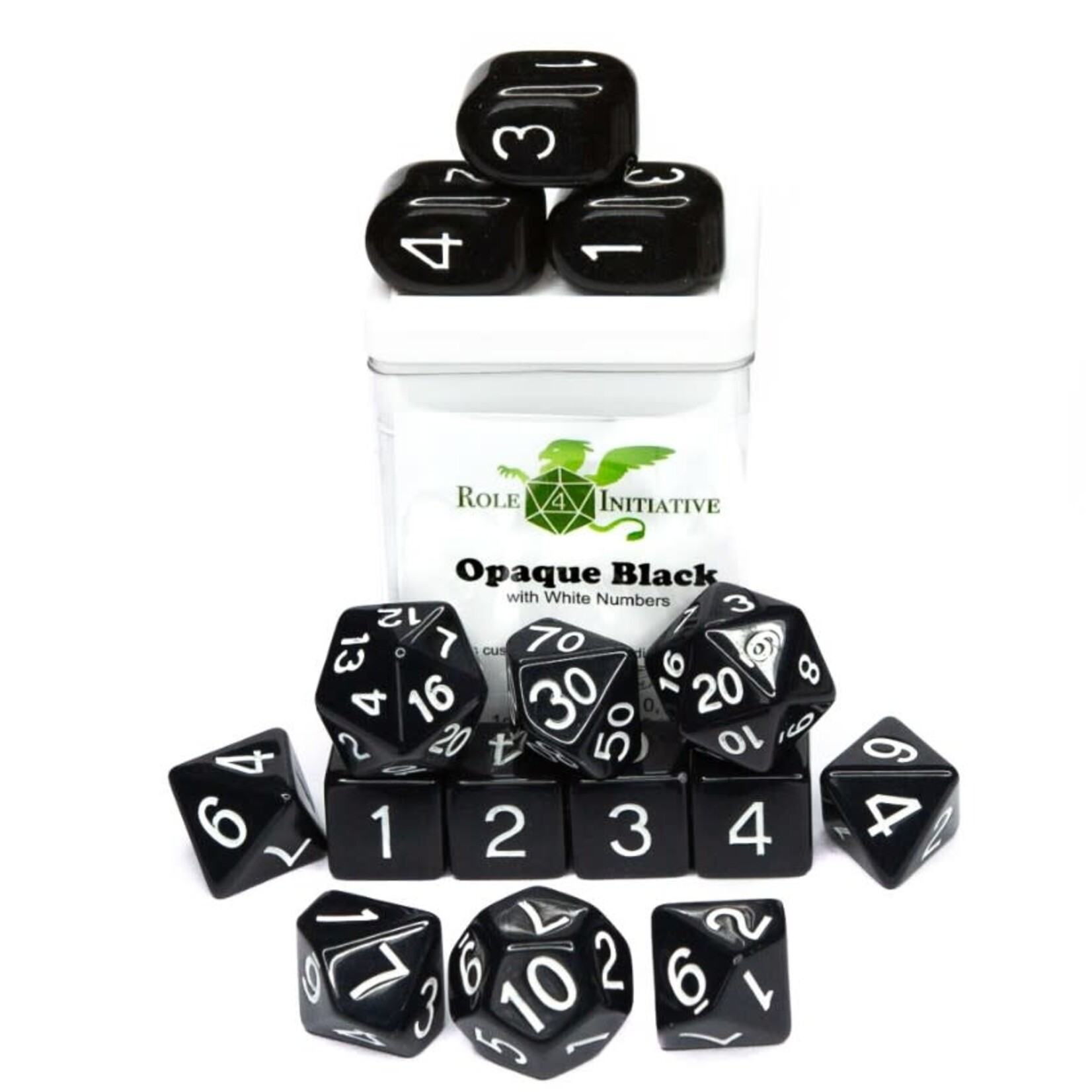 Role 4 Initiative Opaque Black with White Numbers - Ensemble de 15 dés polyhédriques