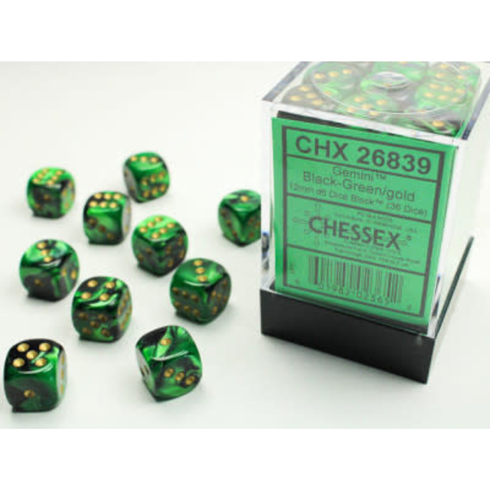 Gemini Black-Green/gold 36d6 12mm - Chessex