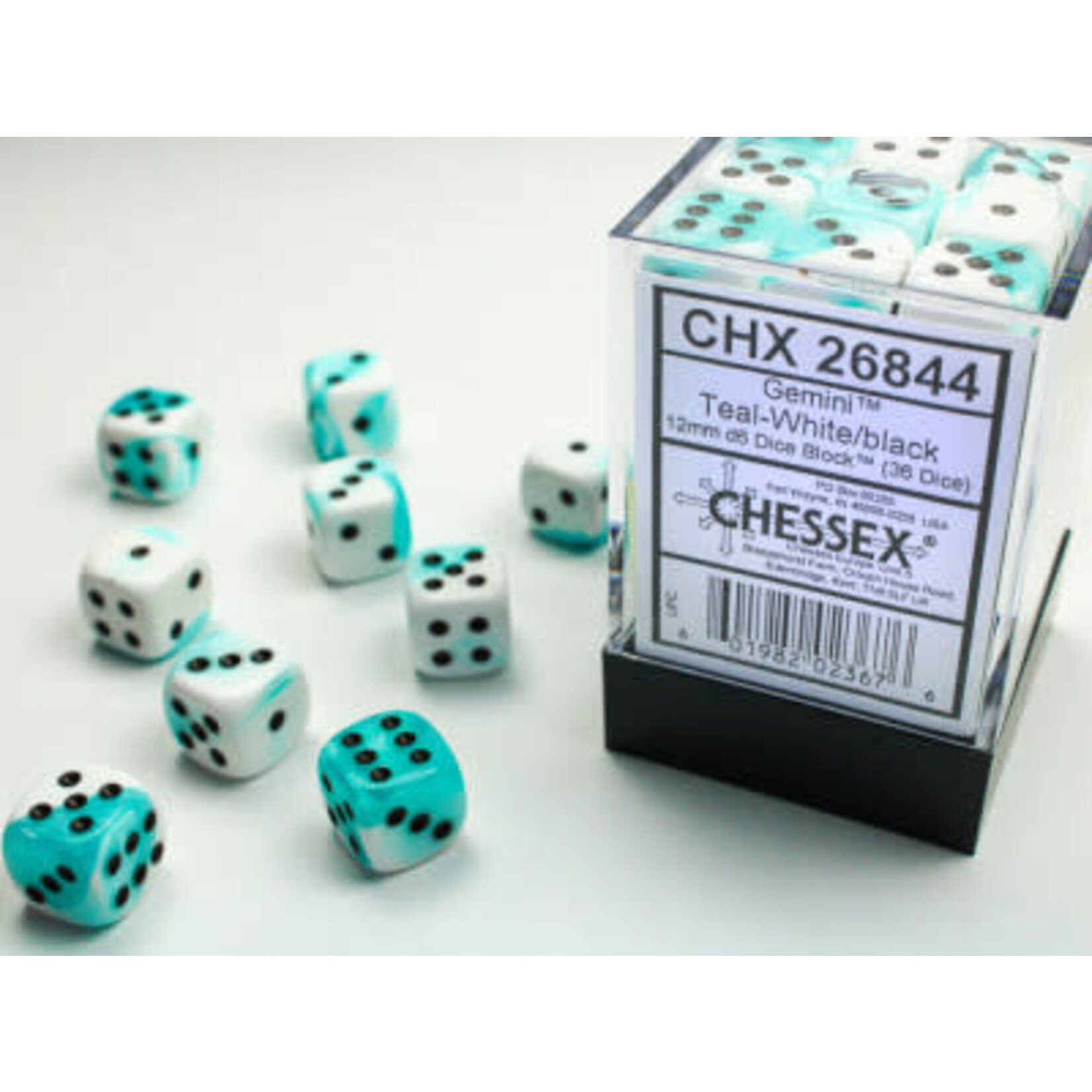 Gemini Teal-White/black 36d6 12mm - Chessex