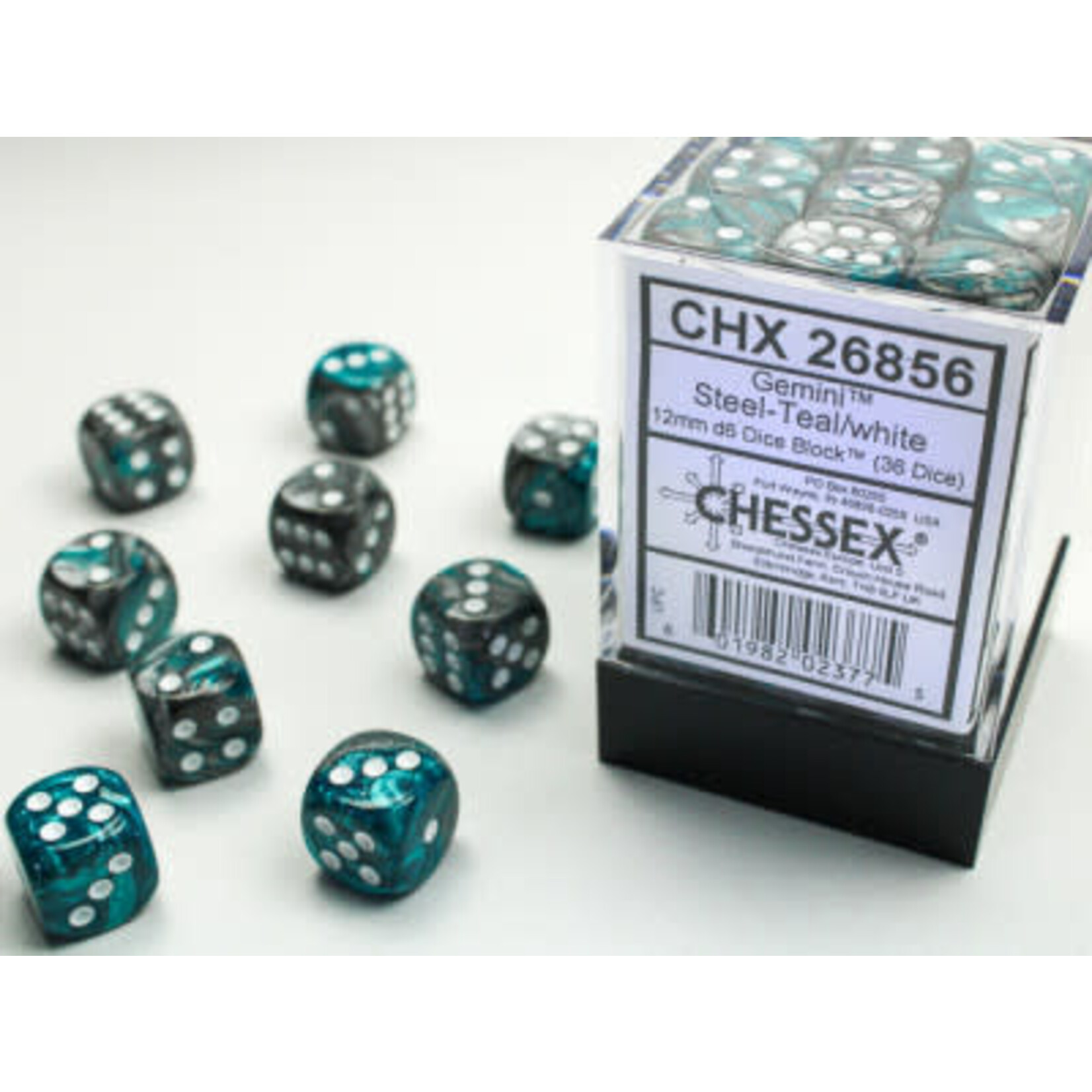 Gemini Steel-Teal/white 36d6 12mm - Chessex