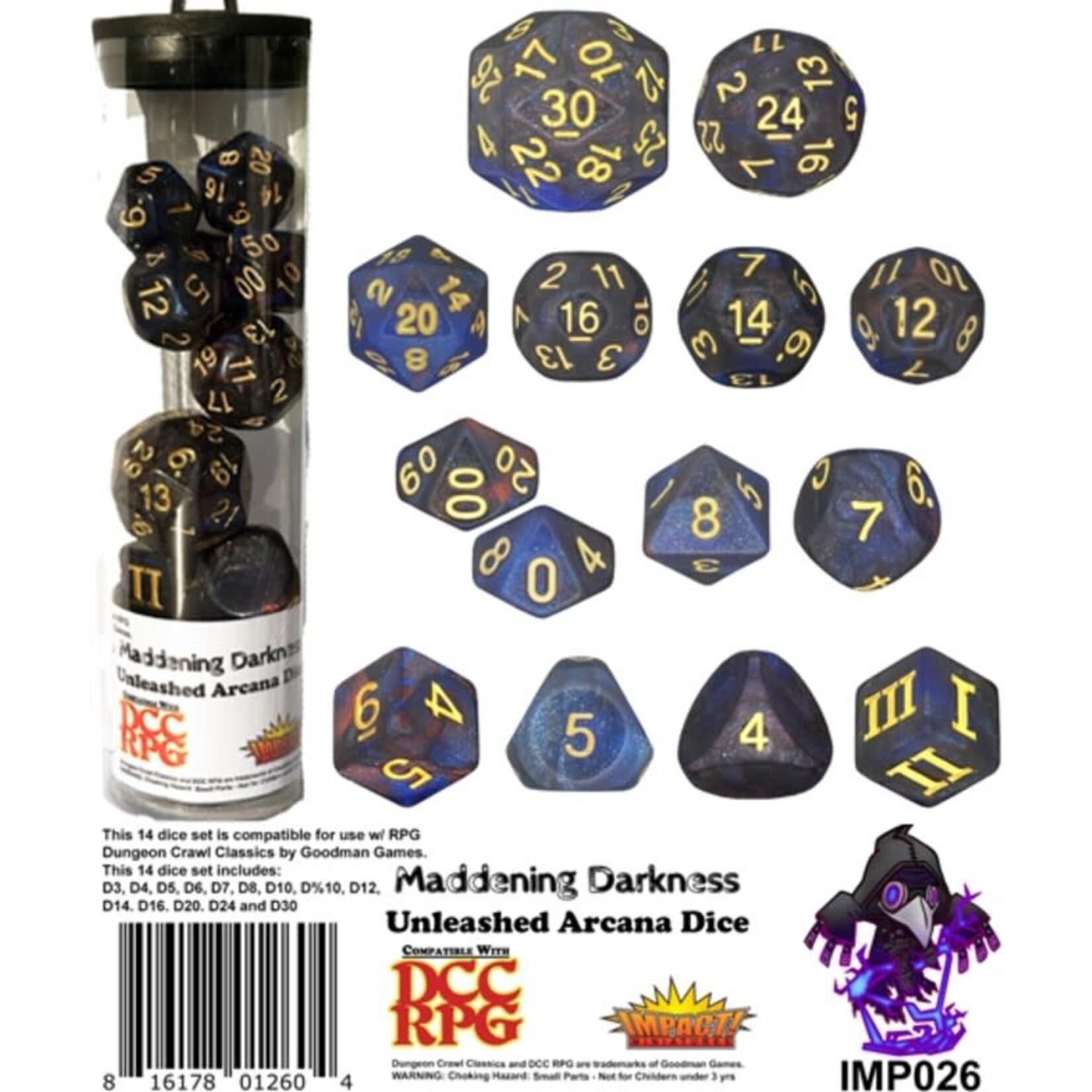Impact Miniatures Maddening Darkness Unleashed Arcana Dice 14-dice set for Dungeon Crawl Classics (DCC)