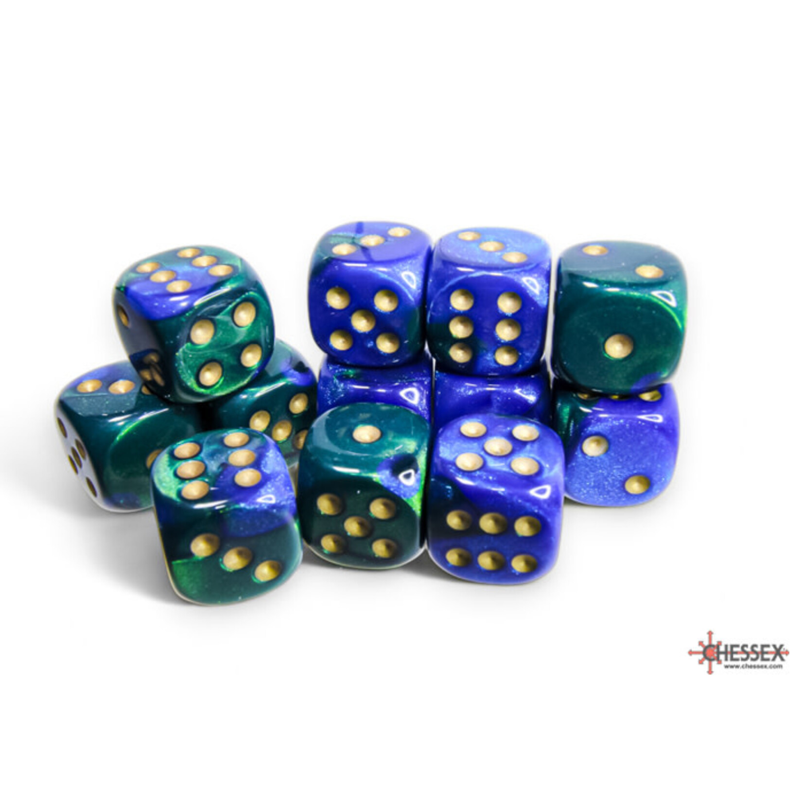 Gemini Blue-Green/gold 16mm d6 Dice Block (12 dice)