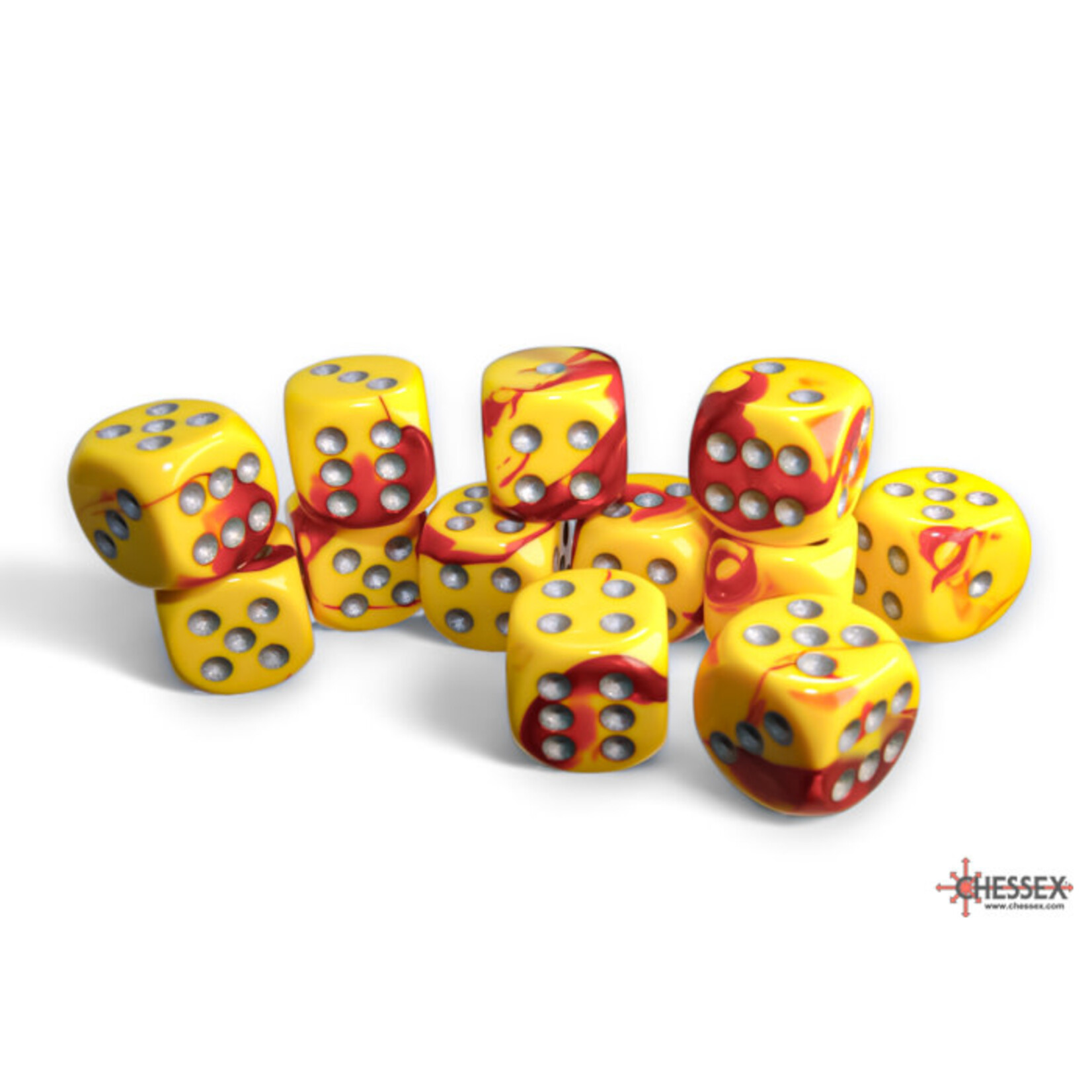 Gemini Red-Yellow/silver 16mm d6 Dice Block (12 dice)