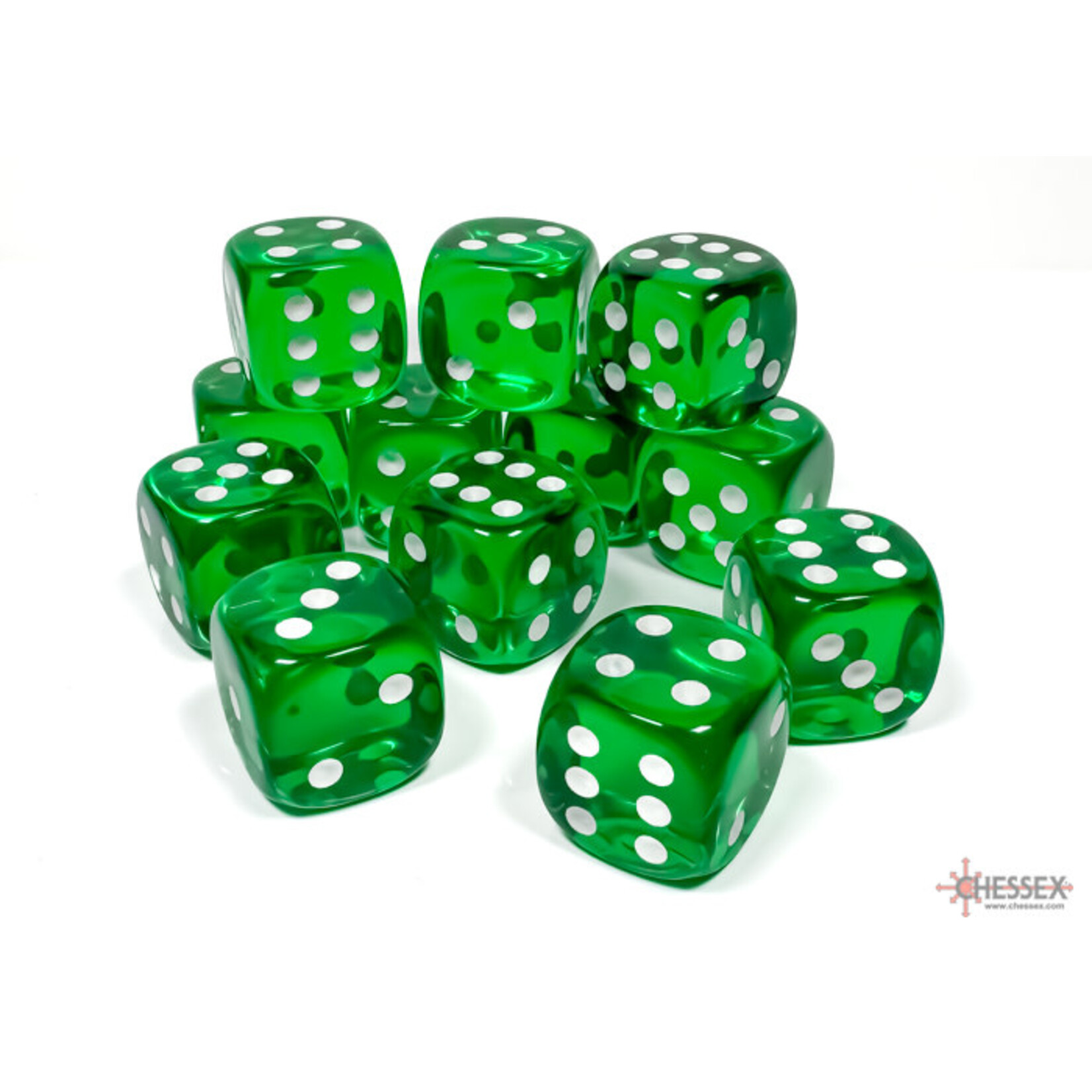 Translucent Green/white 16mm d6 Dice Block (12 dice)