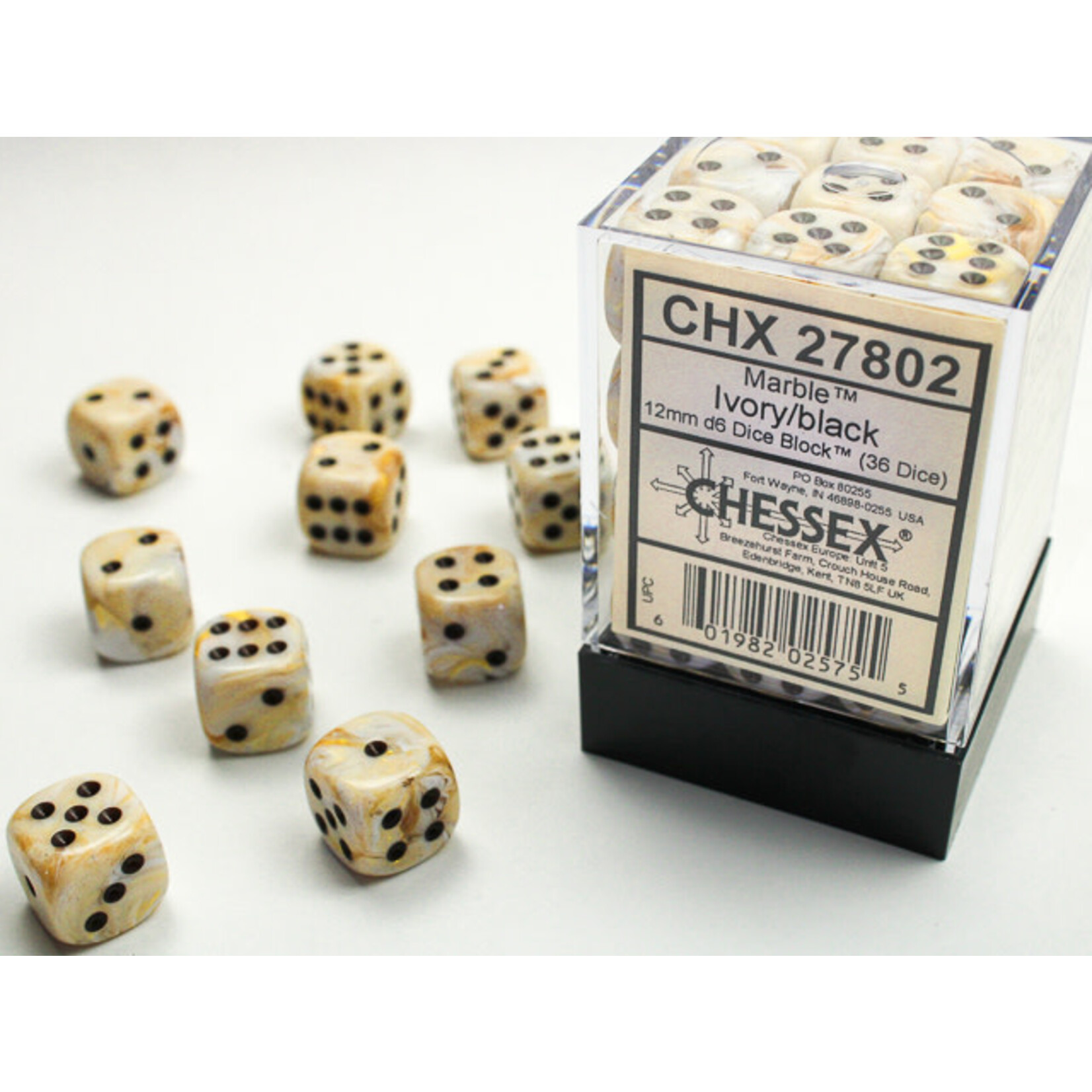 Marble Ivory/black 12mm d6 Dice Block (36 dice)