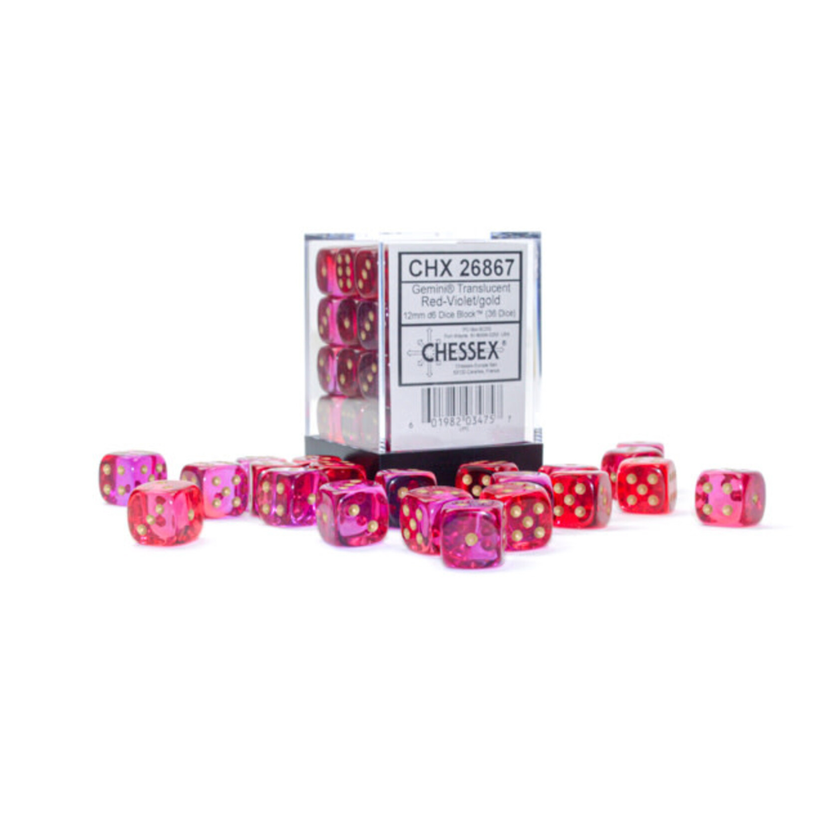Gemini Translucent Red-Violet/gold 12mm d6 Dice Block (36d6) - Ensemble de dés Gemini Translucide Rouge-Violet/or 12 mm