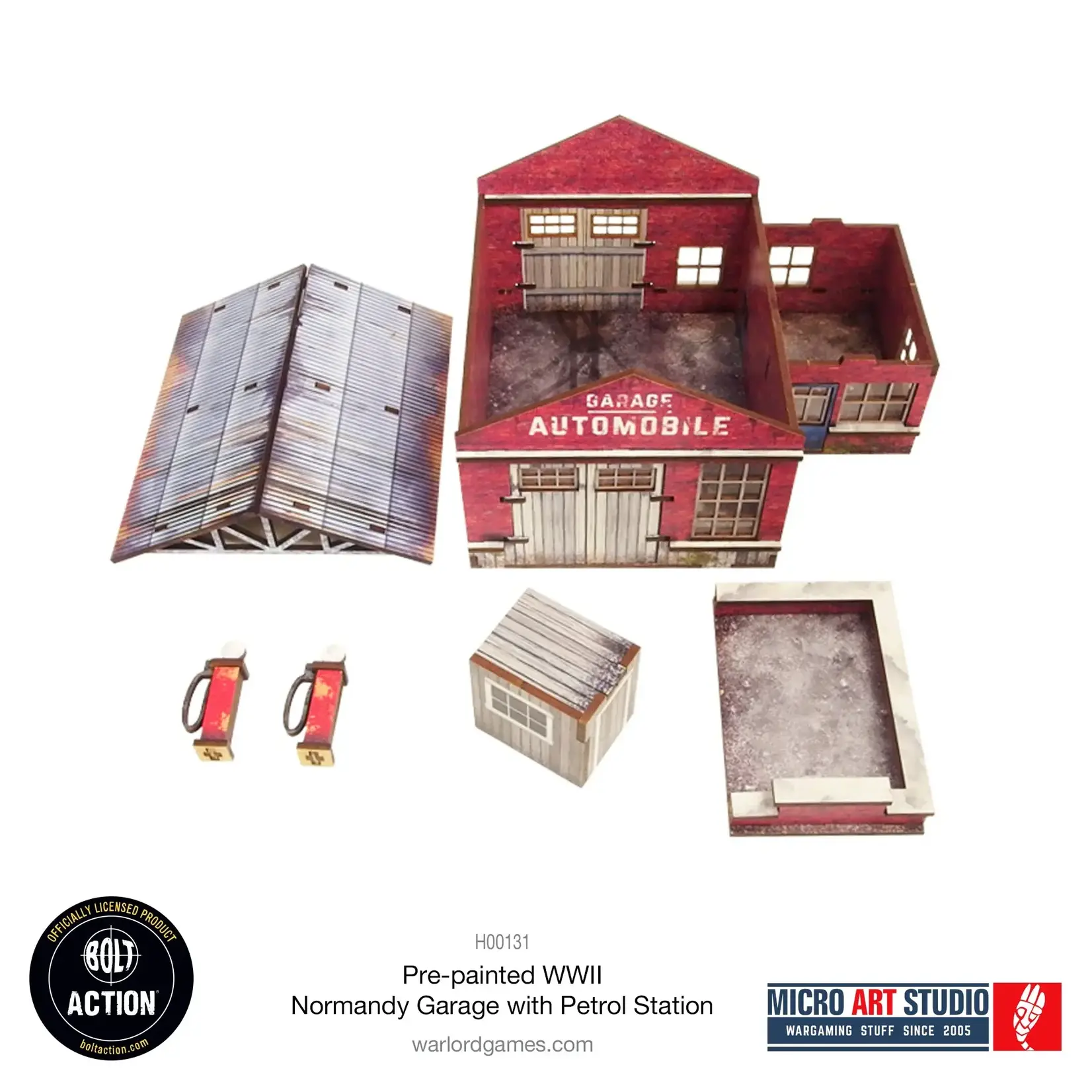 Micro Art Studio WW2 Normandy Garage w. Petrol Station , Pre-Painted - Bolt Action