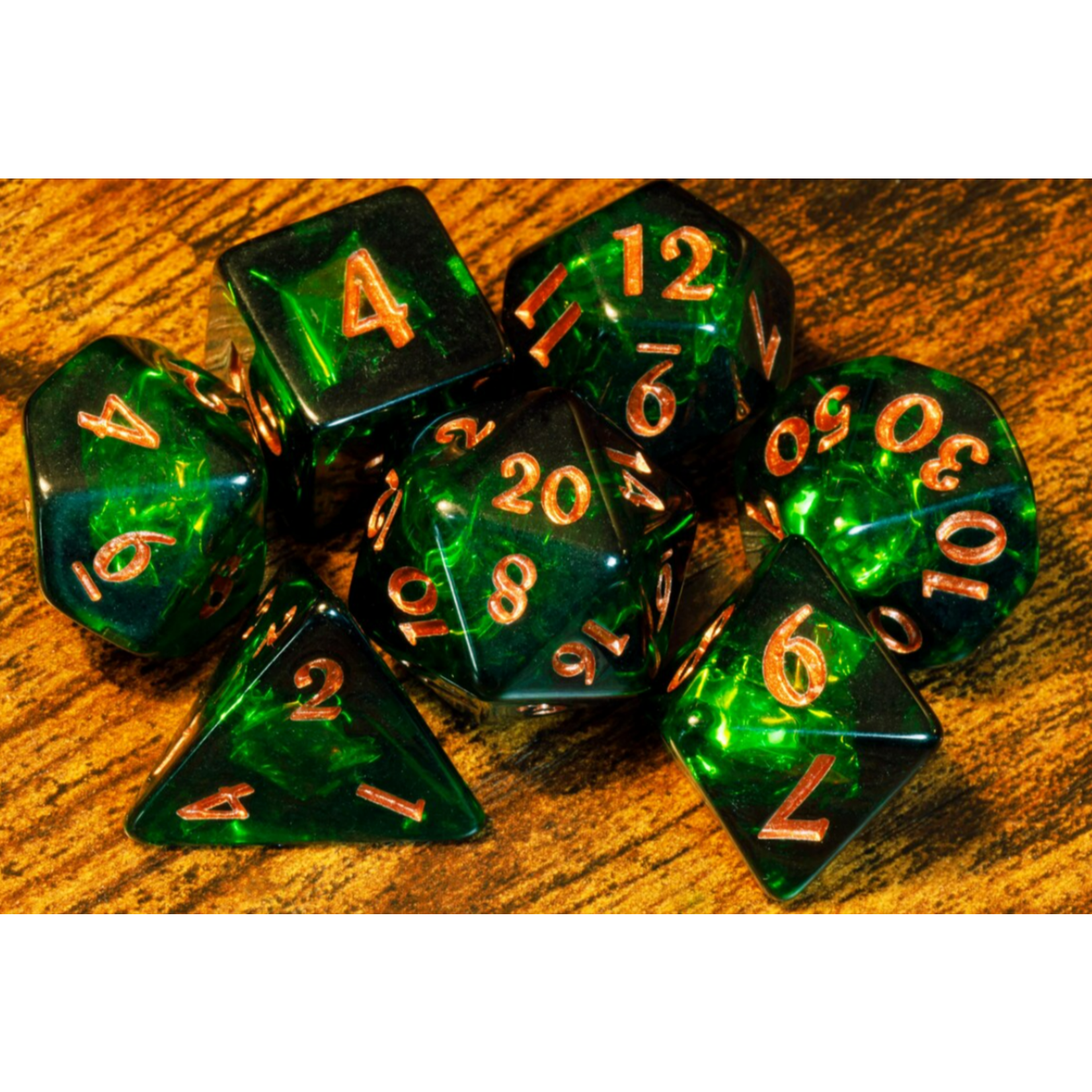 Opale verdoyante - Ensemble de dés polyhédriques par La Voûte du magicien
