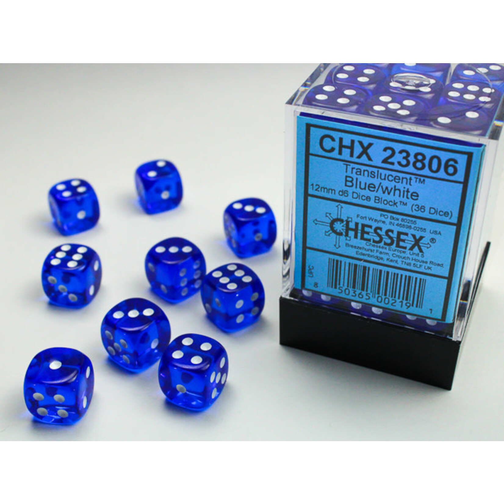 Translucent Blue/white 12mm d6 Dice Block (36 dice)