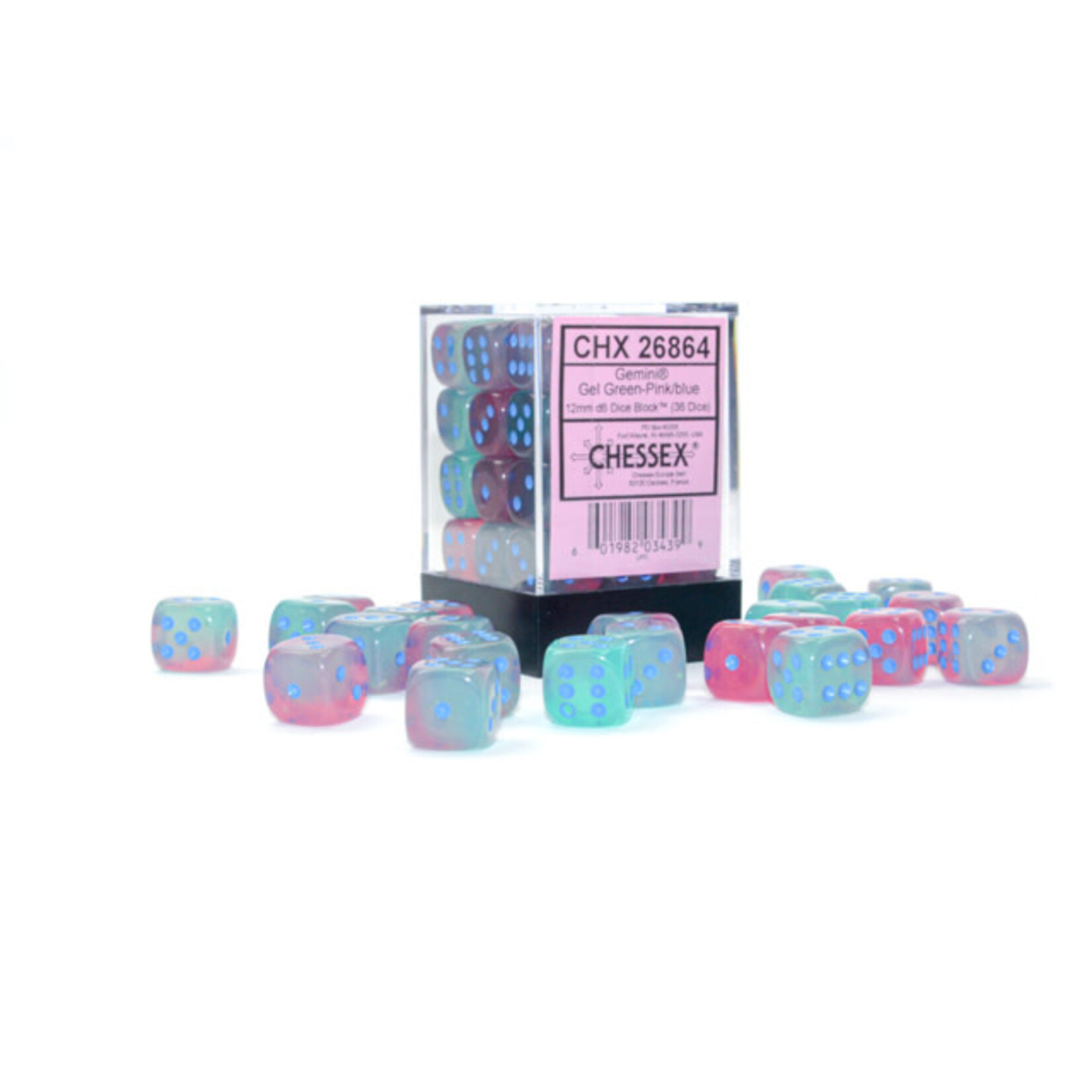 Gemini Gel Green-Pink/blue 12mm Dice Block (36d6) - Ensemble de 36d6 12mm Gel Vert-Rose/bleu