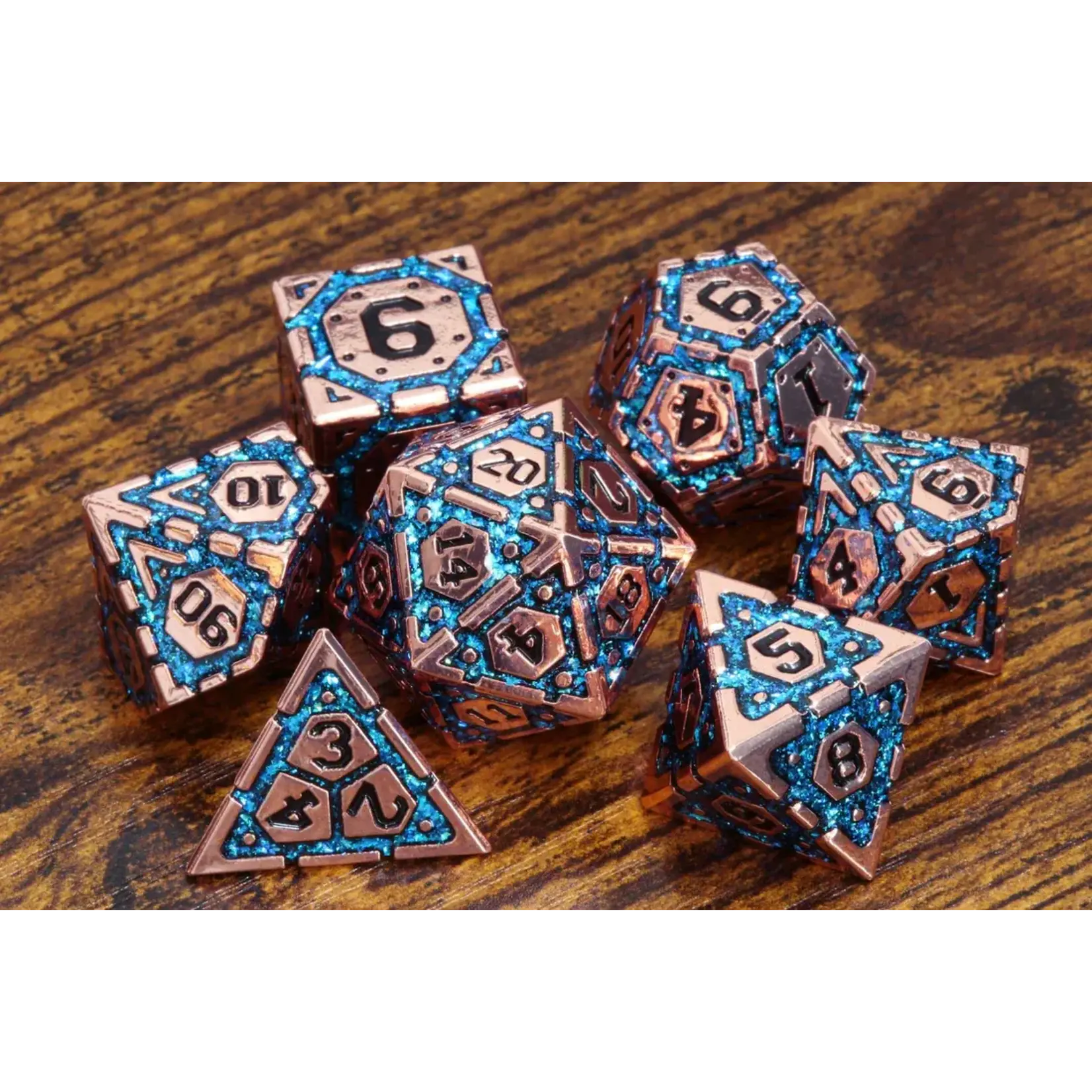 Voûte Azur (Cuivré - Bleu) - Ensemble de dés polyhédriques en métal La Voûte du Magicien