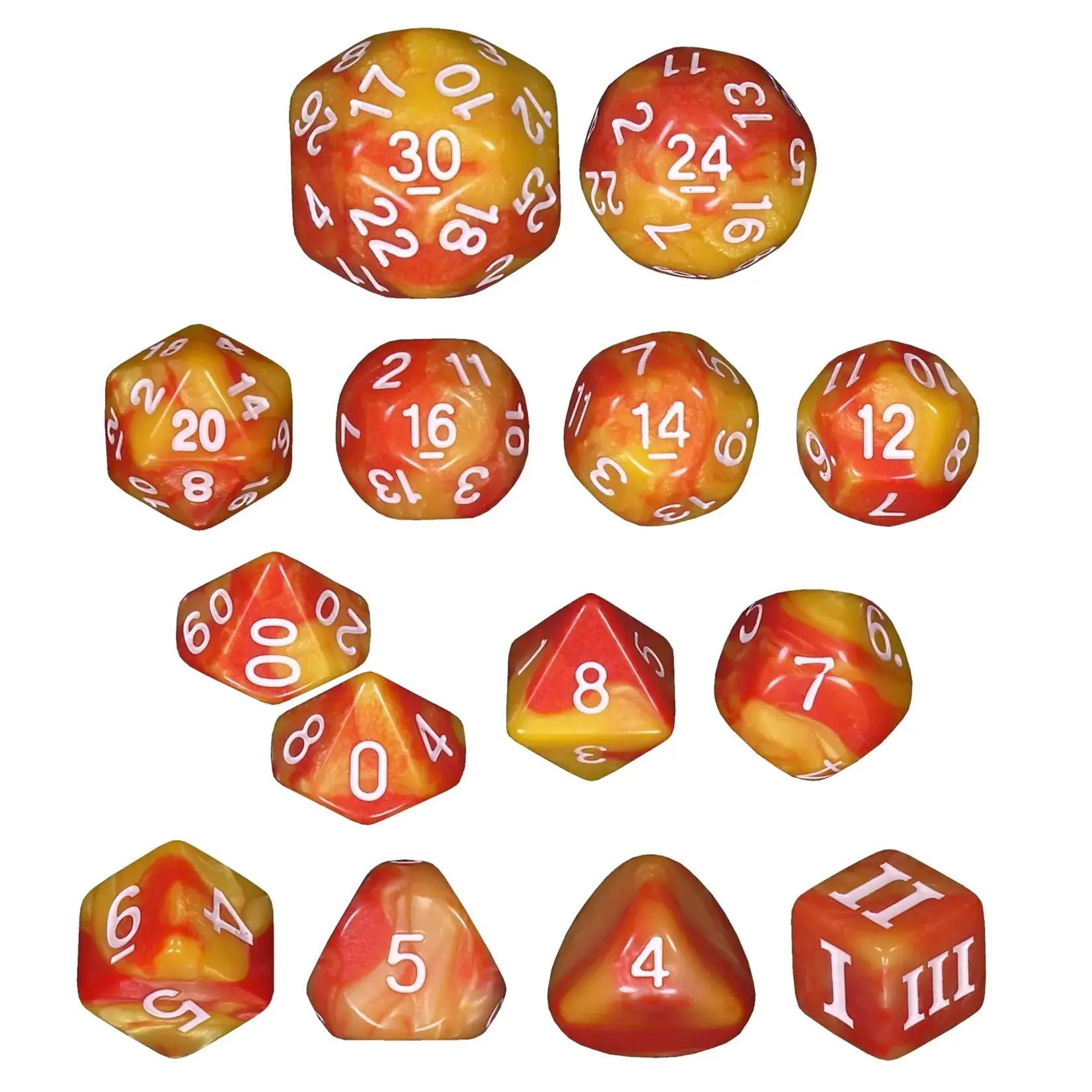 Impact Miniatures Flame Arrows Unleashed Arcana Dice 14-dice set for Dungeon Crawl Classics (DCC)