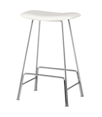 KIRSTEN COUNTER STOOL - WHITE LEATHER SEAT WITH SILVER FRAME, STAINLESS STEEL