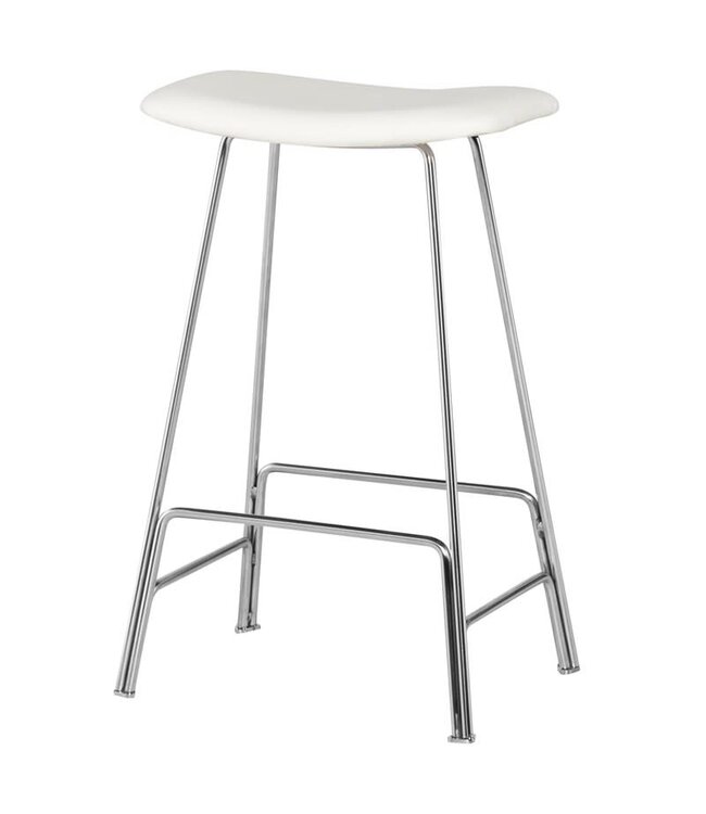 KIRSTEN COUNTER STOOL - WHITE LEATHER SEAT WITH SILVER FRAME, STAINLESS STEEL