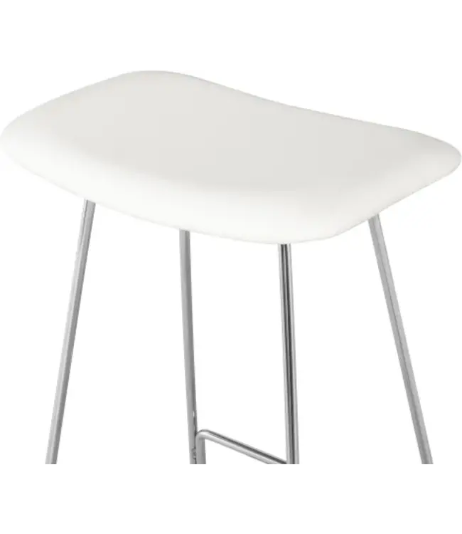 KIRSTEN COUNTER STOOL - WHITE LEATHER SEAT WITH SILVER FRAME, STAINLESS STEEL