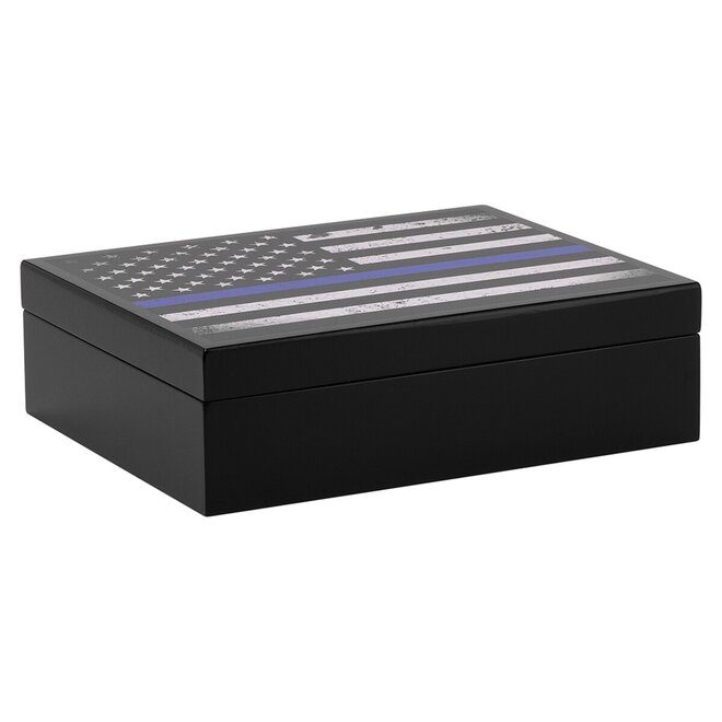 Blue Line Flag Humidor 20 Cigar Capacity With Boveda Seasoning Kit HUM-TR20BLK-BLF-BOV