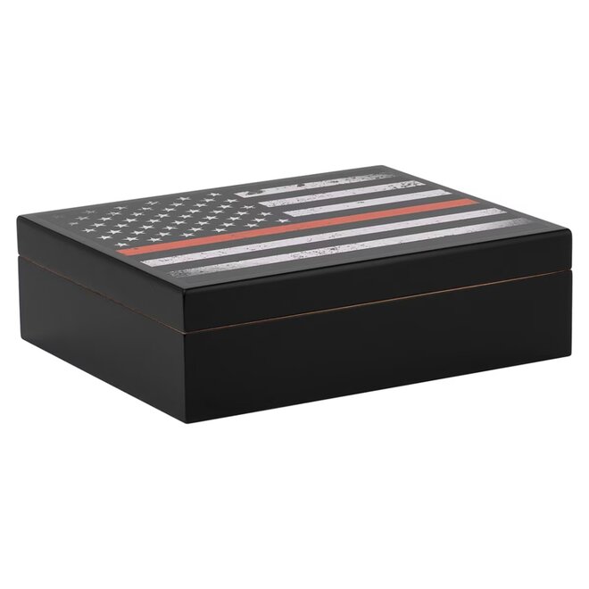 Red Line Flag Humidor 20 Cigar Capacity With Boveda Seasoning Kit HUM-TR20BLK-RLF-BOV