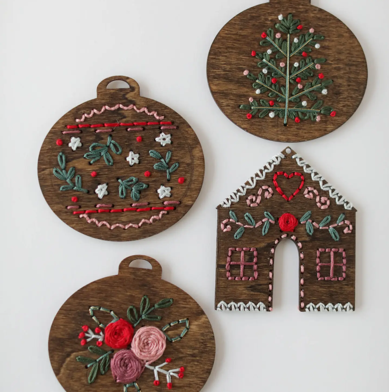 Little Stitchy Bee - Wooden Embroidery Christmas Ornaments - Set