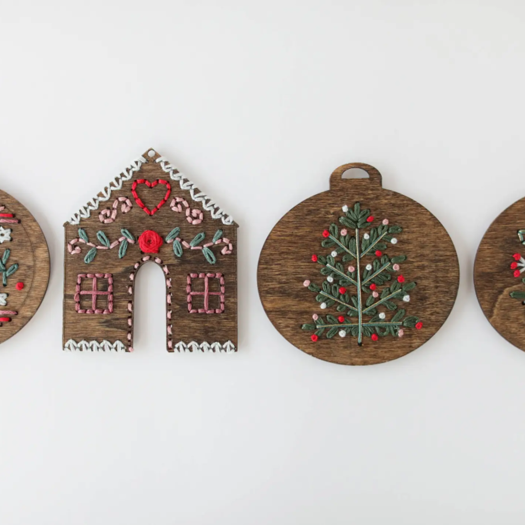 Little Stitchy Bee Embroidery Little Stitchy Bee - Wooden Embroidery Christmas Ornaments - Set of 4