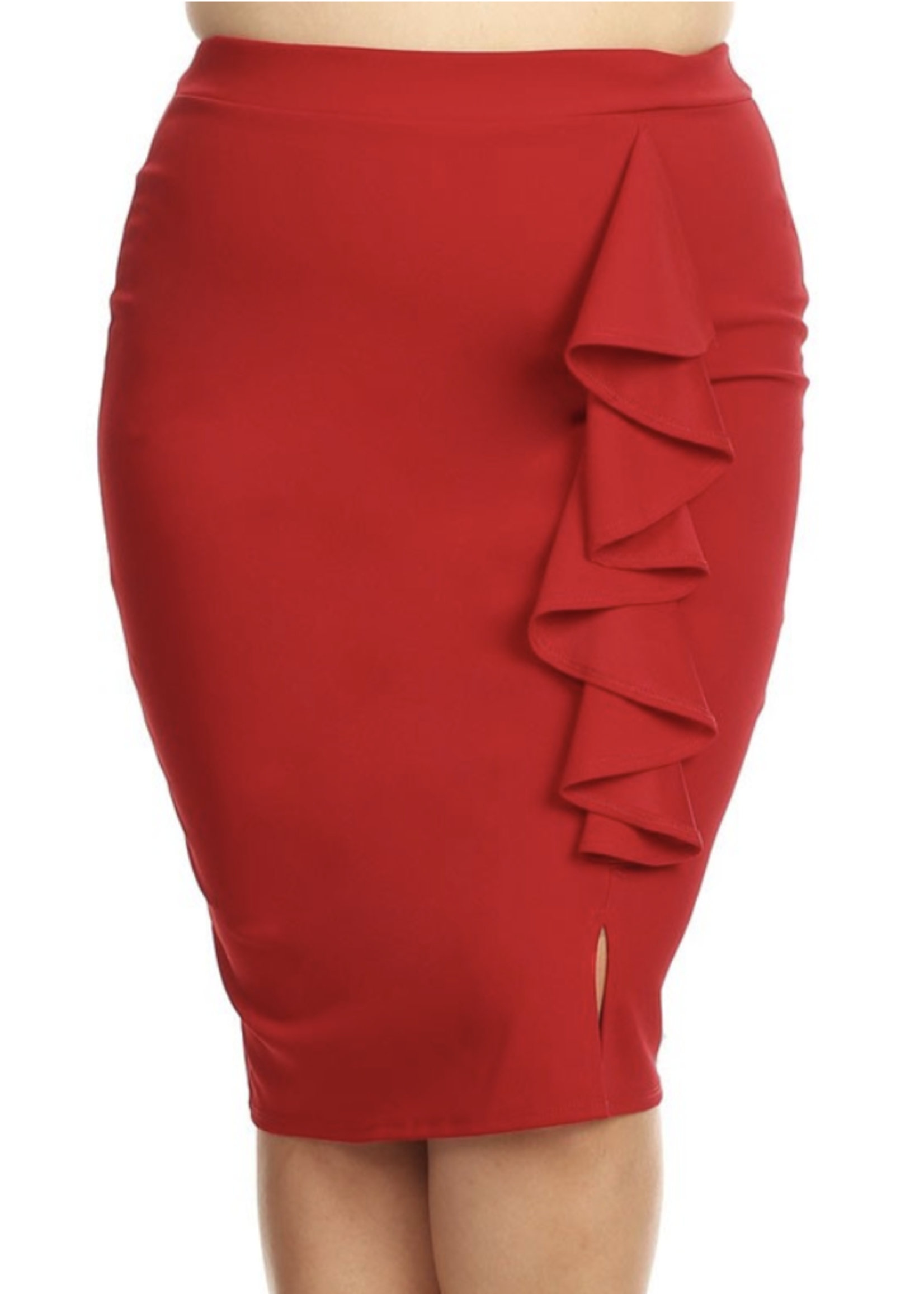 Plus size red high waisted knee length pencil ruffle skirt FINAL SALE