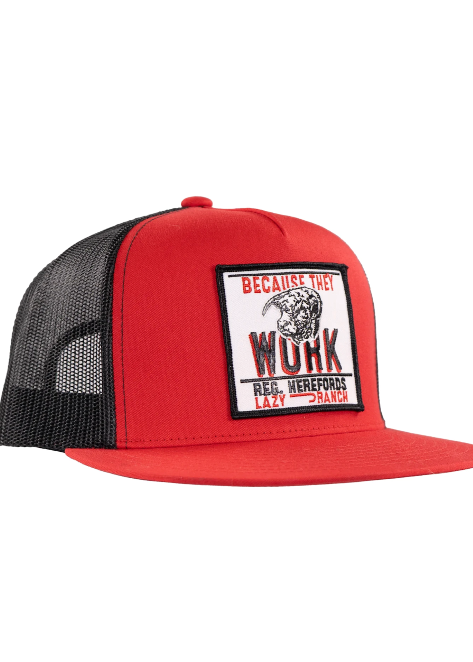 Lazy J Ranch Red & Black Because They Work Classic Five Panel Trucker Hat