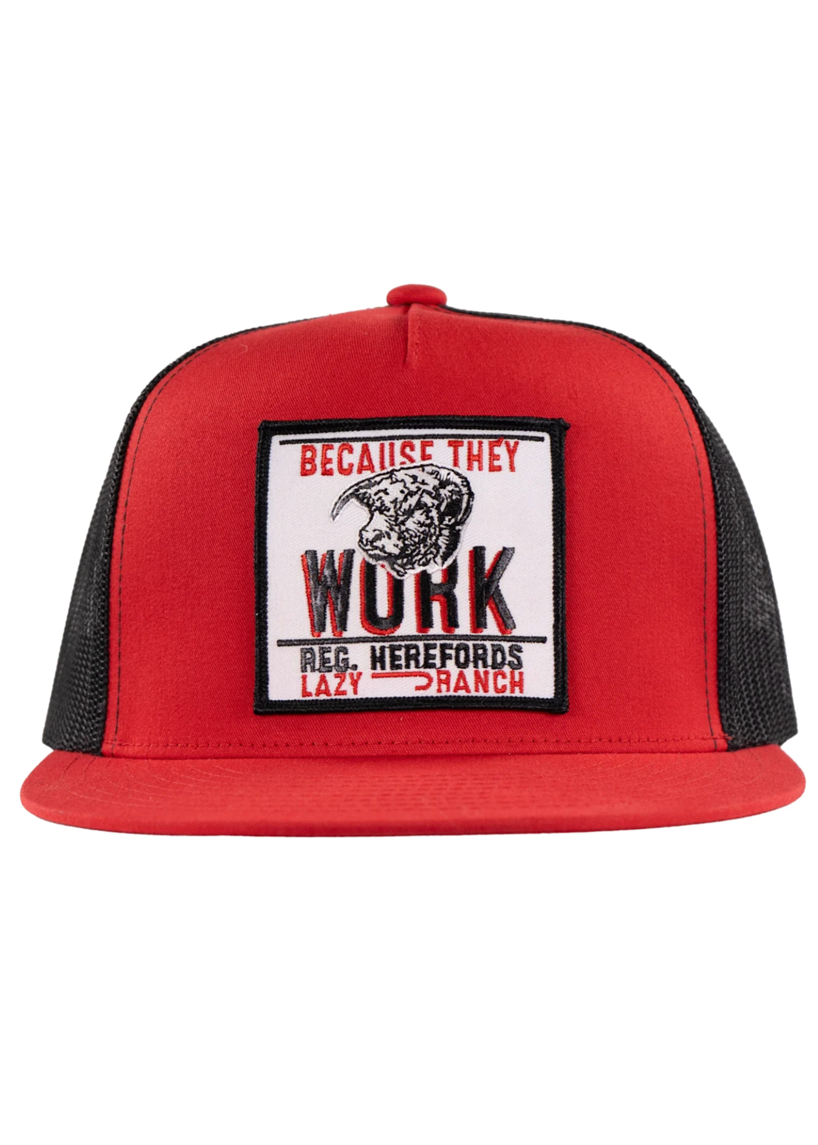 Lazy J Ranch Red & Black Because They Work Classic Five Panel Trucker Hat