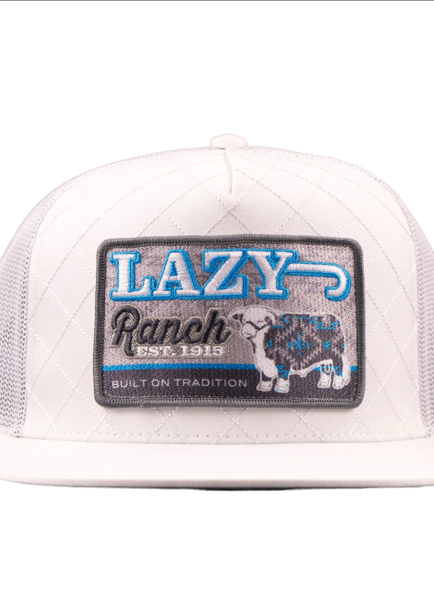 LAZY J RANCH ICE BLUE & WHITE QUILTED AZTEC JUGHEAD CLASSIC FIVE PANEL TRUCKER HAT