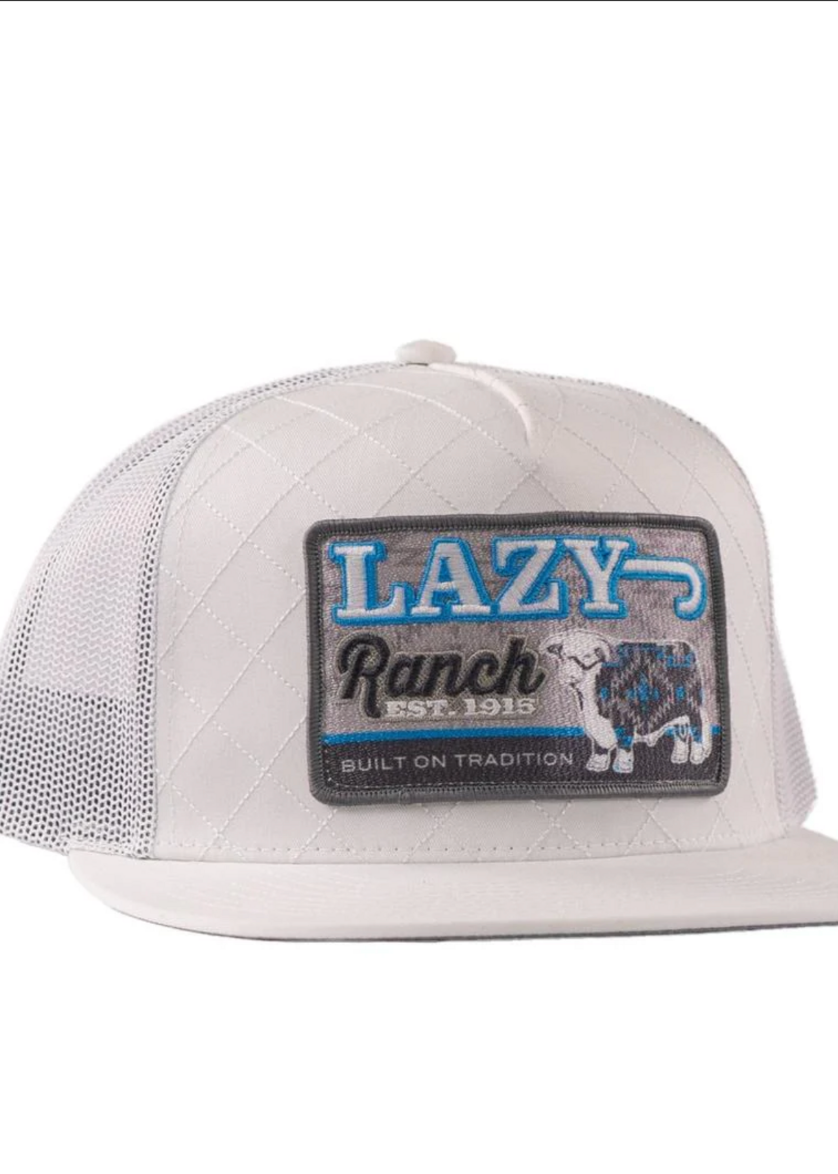LAZY J RANCH ICE BLUE & WHITE QUILTED AZTEC JUGHEAD CLASSIC FIVE PANEL TRUCKER HAT