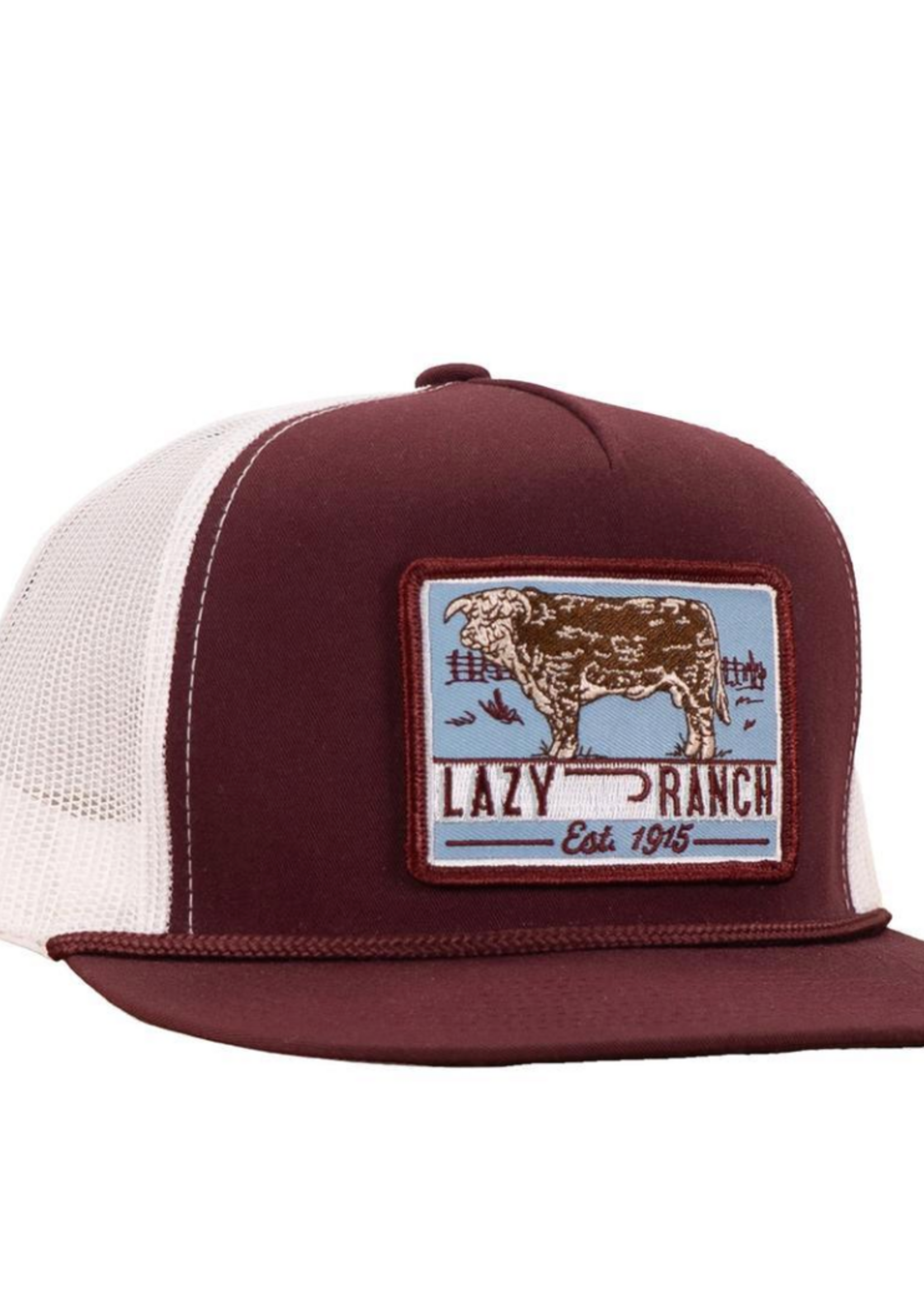 Lazy J Ranch Maroon & White Blue Bull Trap Classic Rope Trucker Hat