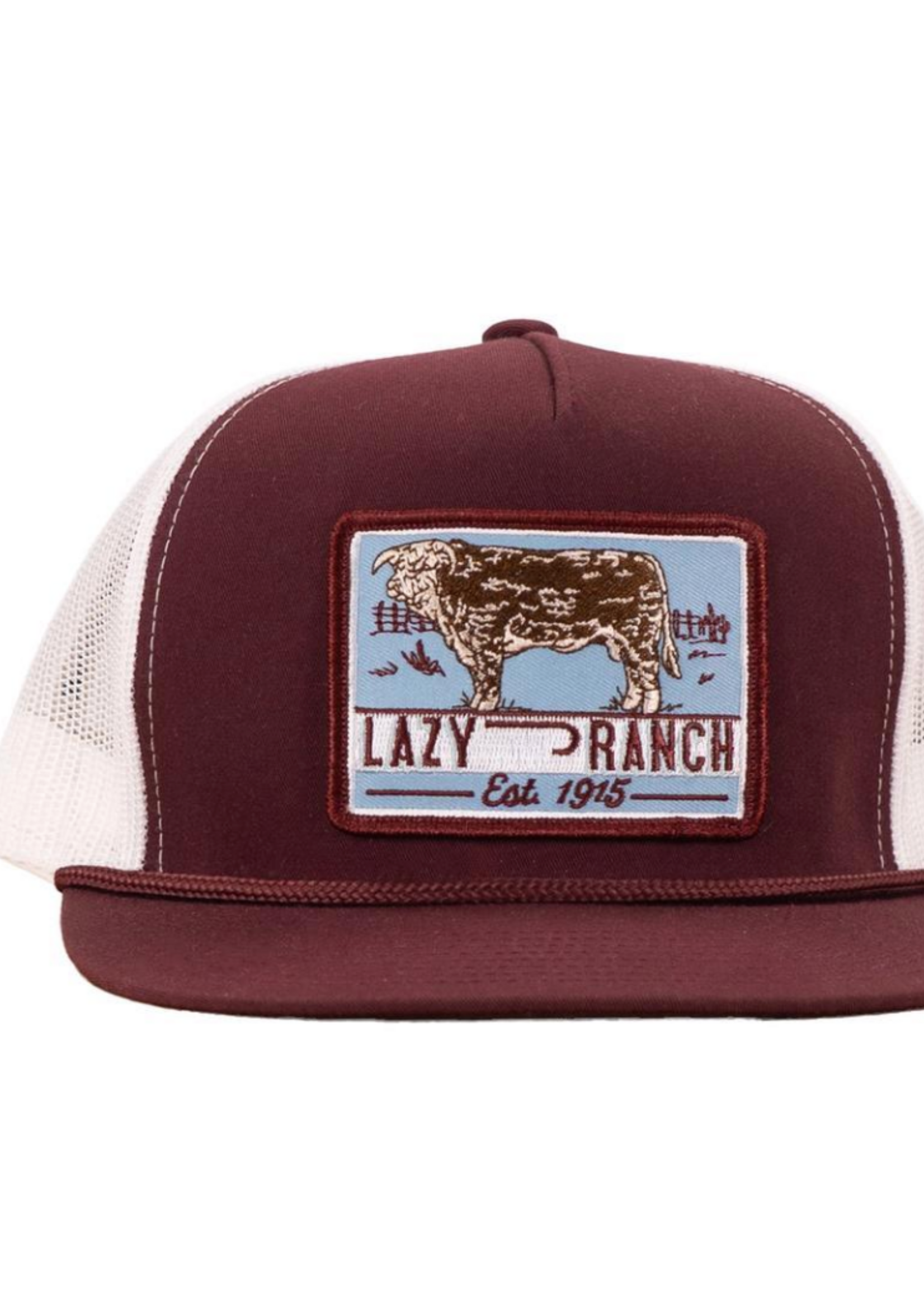 Lazy J Ranch Maroon & White Blue Bull Trap Classic Rope Trucker Hat