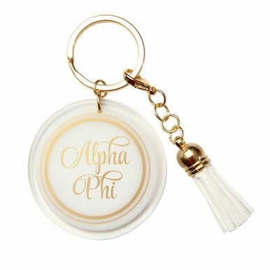 available at m. lynne designs Alpha Phi Acrylic Tassle Keychain