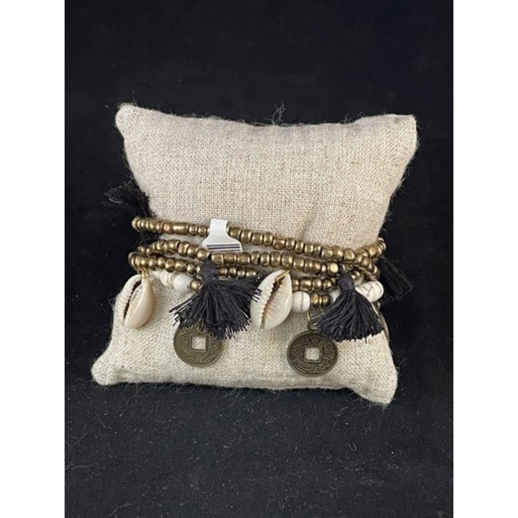 m. lynne designs black big pom bracelet with tassels and coins