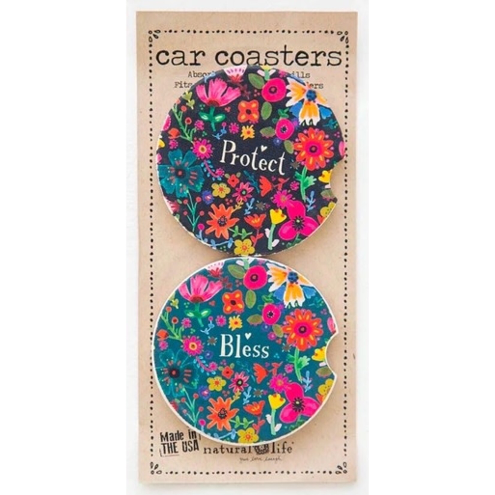 natural life bless protect set of two car coasters