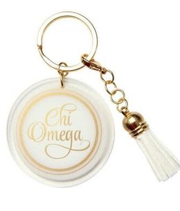 available at m. lynne designs Chi Omega Acrylic Tassle Keychain