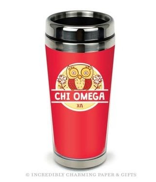 available at m. lynne designs Chi Omega Icon Stainless Travel Mug