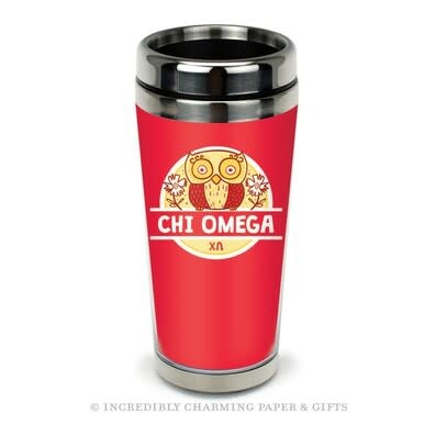 available at m. lynne designs Chi Omega Icon Stainless Travel Mug