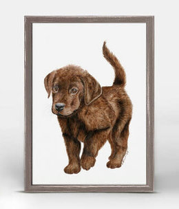 available at m. lynne designs chocolate labrador pup framed canvas