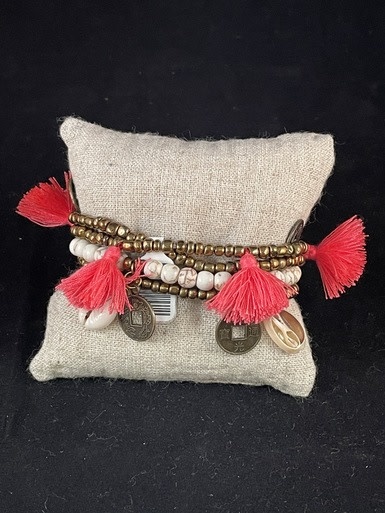 available at m. lynne designs Coral Big Pom Bracelet with Tassles and Coins