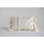 m. lynne designs cream woven textured pillow with poms & tassels