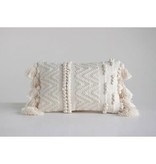 available at m. lynne designs Cream Woven Cotton Textured Pillow with Pom Poms and Tassels