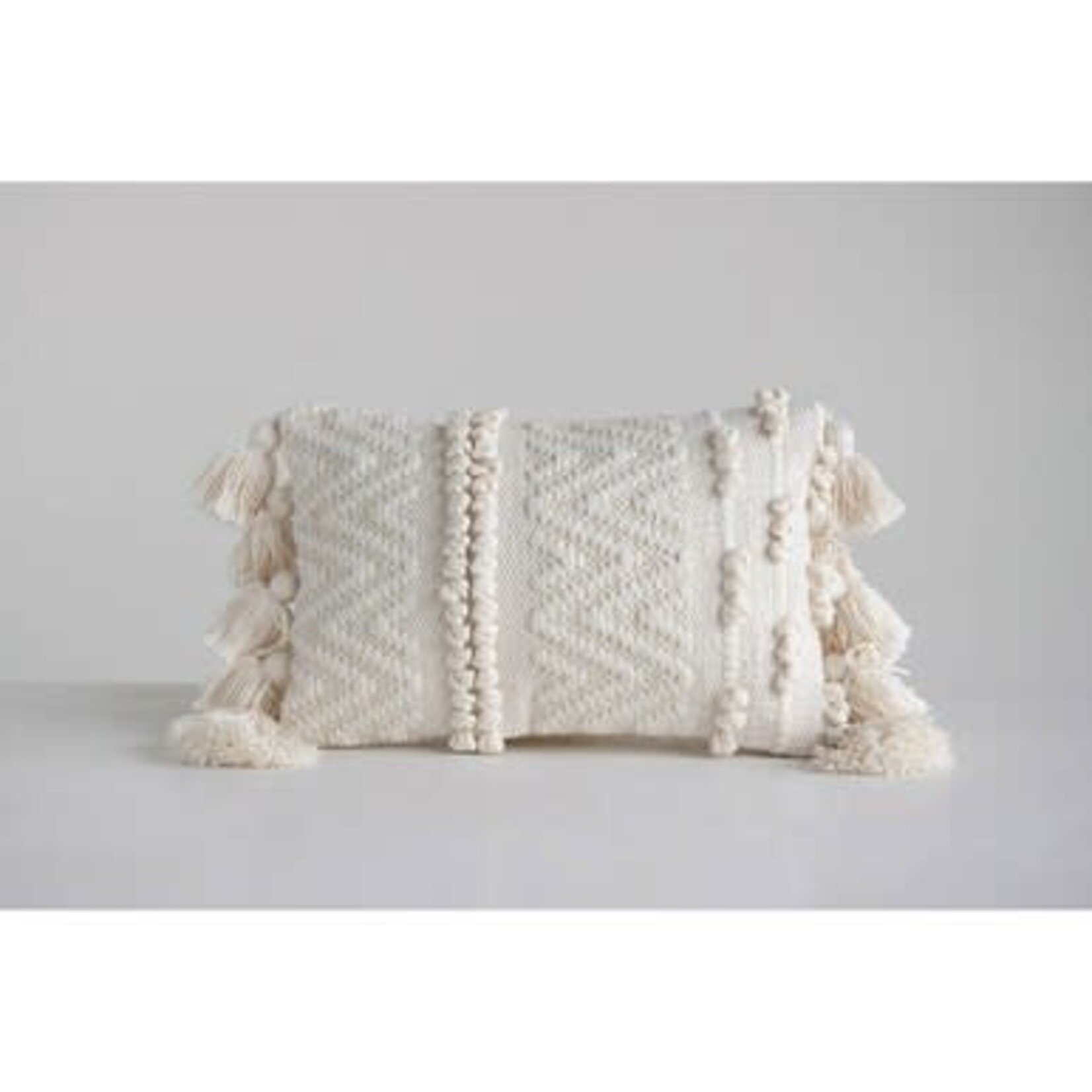 m. lynne designs cream woven textured pillow with poms & tassels