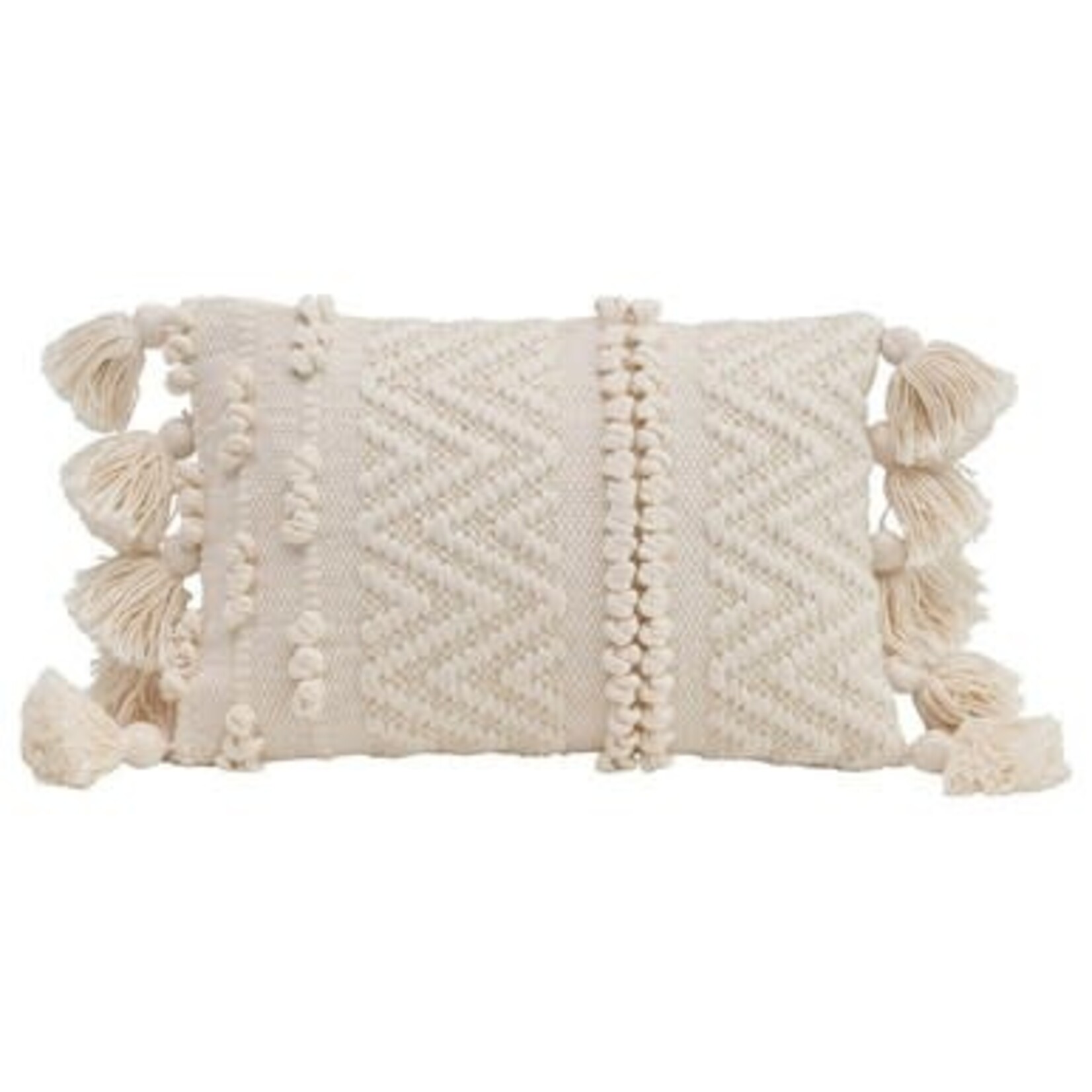 m. lynne designs cream woven textured pillow with poms & tassels