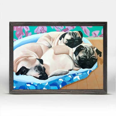 available at m. lynne designs Dog Tales, Pugs in a Blanket Framed Canvas