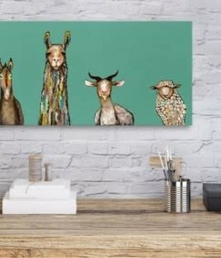 available at m. lynne designs donkey, llama, goat, sheep on teal wrapped canvas