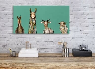 available at m. lynne designs donkey, llama, goat, sheep on teal wrapped canvas