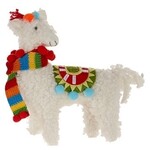 m. lynne designs fuzzy llama with colorful scarf and blue pom poms